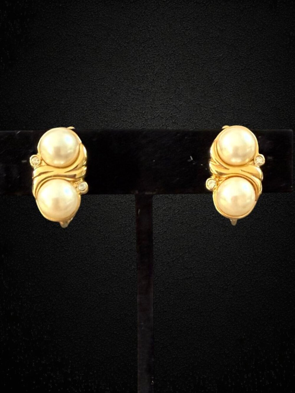 Vintage Trifari Double Faux Pearl Rhinestone Clip-On Earrings Gold Tone Bridal